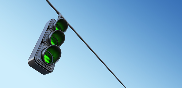 Green street traffic light on sky. 3D illustration