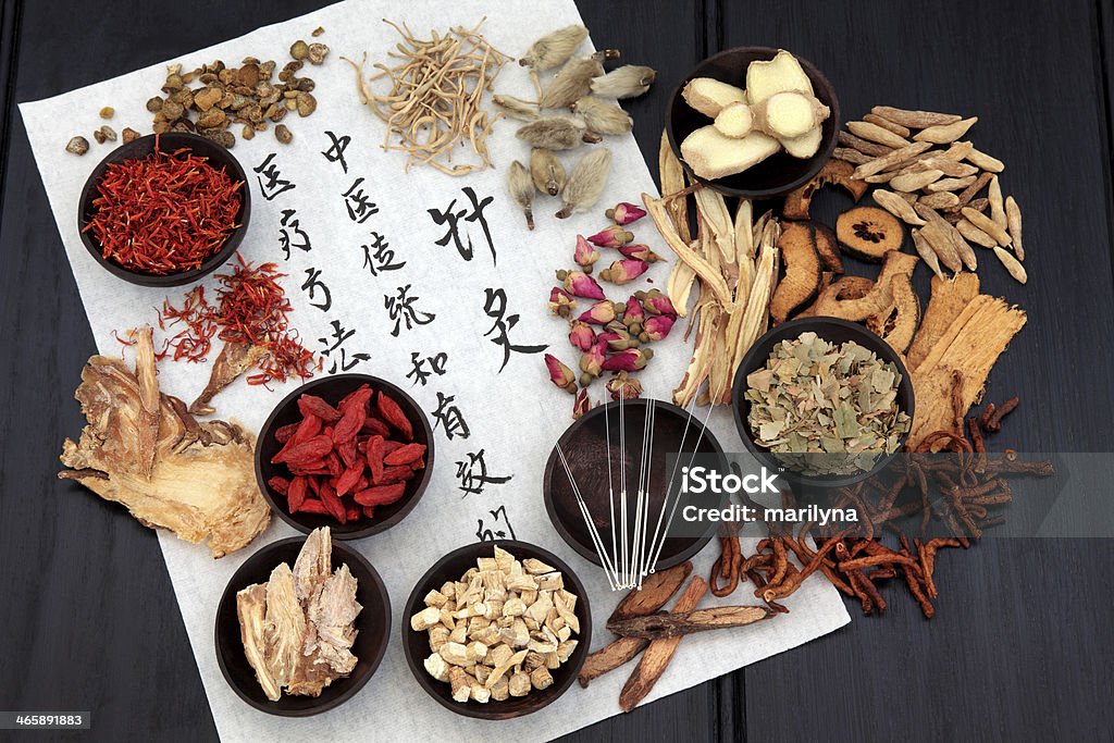 Acupuncture Alternative Medicine Mandarin calligraphy script on rice paper describing acupuncture chinese medicine as a traditional  and effective medical solution. Acupuncture Stock Photo