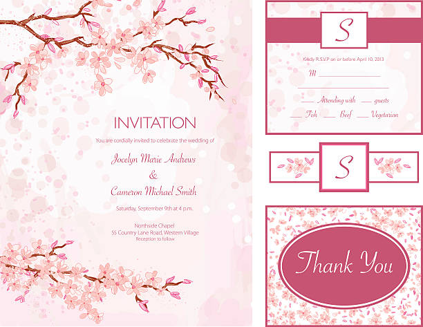 벚꽃 저수시설 컬러 스타일 청첩장 설정 - wedding invitation invitation formalwear flower stock illustrations