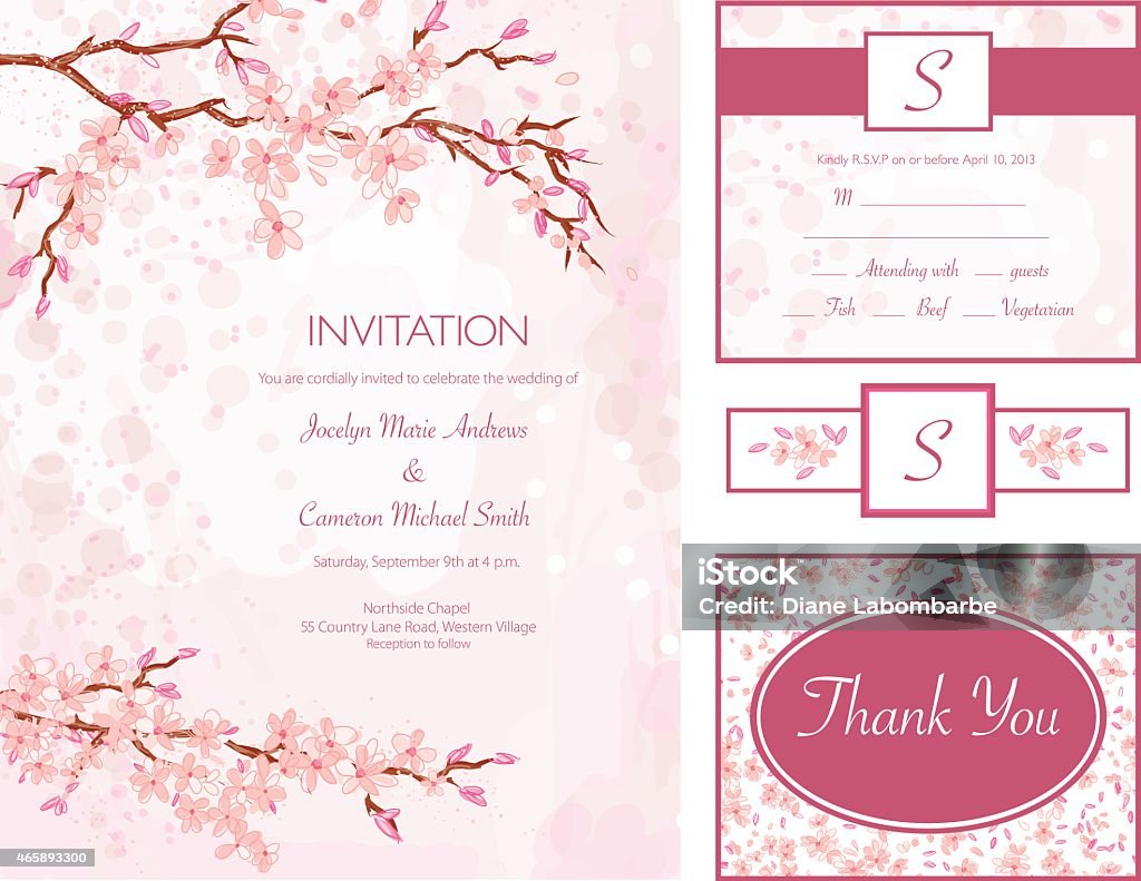 Cherry Blossom Water Color Style Wedding Invitation Set Cherry Blossom Water color Style Wedding Invitation Set.  The set of four elements includes invitation, r.s.v.p card,thank you card and wine label. There are cherry blossom branches and flowers on the elements done in water colours of pink, brown and fuschia .  The text is in the middle of each element. Cherry Blossom stock vector