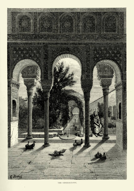 Spanish Pictures - The Palacio de Generalife Vintage engraving of scene from 19th Century Spain. The Palacio de Generalife was the summer palace and country estate of the Nasrid Emirs (Kings) of the Emirate of Granada in Al-Andalus, now beside the city of Granada in the autonomous community of Andalusia, Spain. generalife gardens stock illustrations