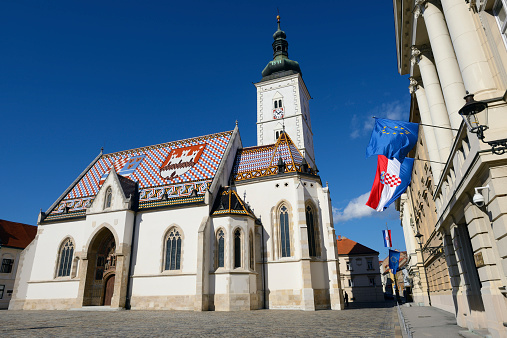 Zagreb, Croatia - March 3, 2015: St. Marks' church in Zagreb, Croatia is one of the most beautiful and oldest buildings in the city, originally built in the 14th century.