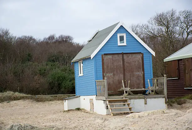 A blue beach hut in the UK