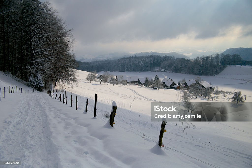 Winter in a European village. Winter snowy day in a small Swiss village. 2015 Stock Photo