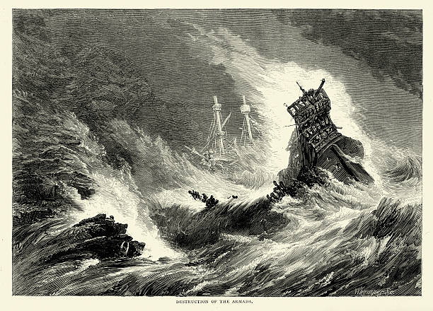 illustrations, cliparts, dessins animés et icônes de destruction des flottes espagnole dans une tempête - naufrage de bateau