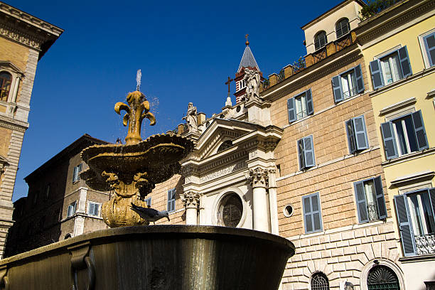 One of two similar fountains on Piazza Farnese in Rome, dating from the 16th century, surrounded by buildings and backdropped by blue sky.