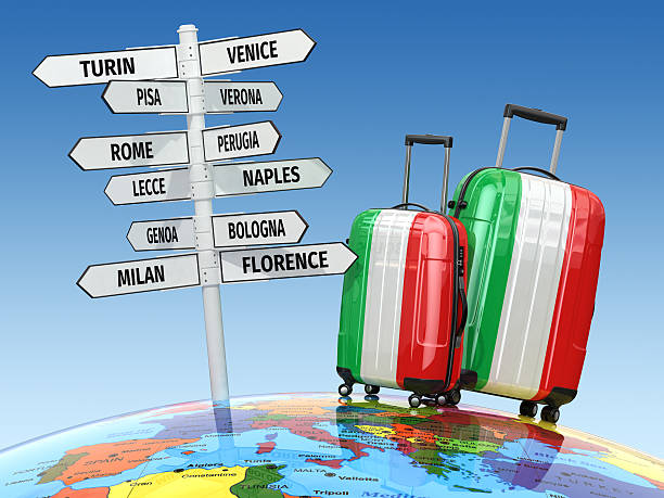 Travel concept. Suitcases and signpost what to visit in Italy Travel concept. Suitcases and signpost what to visit in Italy. 3d florence italy airport stock pictures, royalty-free photos & images