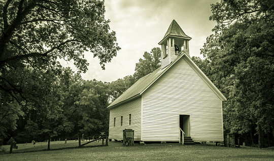 The Primitive Baptist Church in the Cades Cove valley is now a historical display in the Great Smoky Mountains National  Park. It is not a private property but is part of the national park. Gatlinburg, Tennessee.