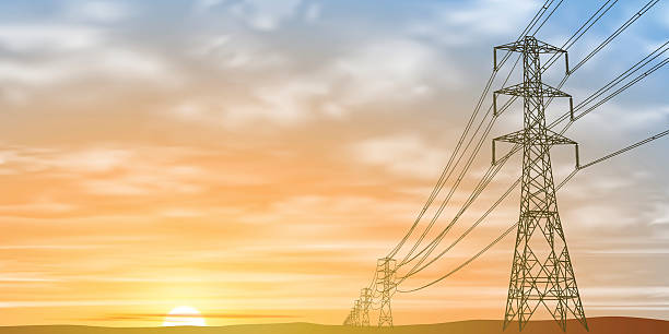 Electrical power lines with a sunset backdrop vector art illustration