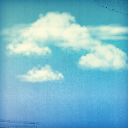 Vintage sky old paper vector background with white clouds, subtle grunge texture in retro style