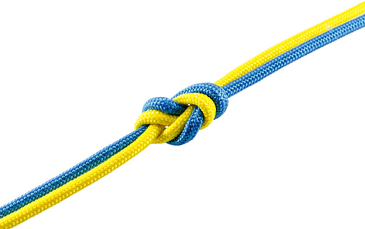Tie from blue and yellow rope