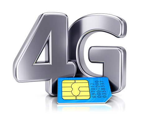 SIM card and 4G icon isolated on white background. Mobile communication technology and wireless high speed internet connection concept.