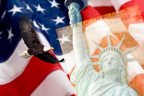 American Flag, flying bald Eagle,statue of liberty and Constitution