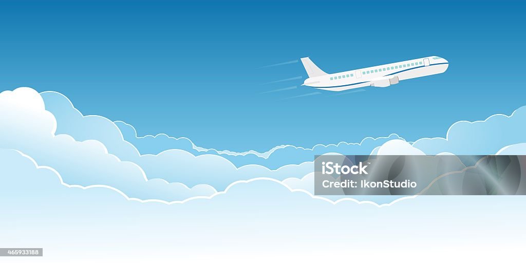 Airplane flying above the clouds White jet plane flying high in the clouds. Airplane stock vector