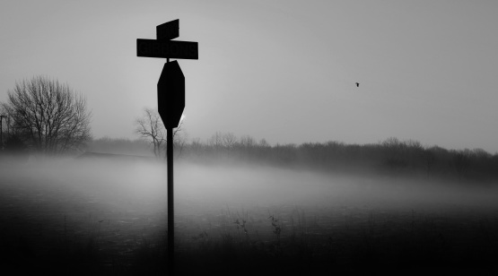Crossroads shrouded in early morning fog
