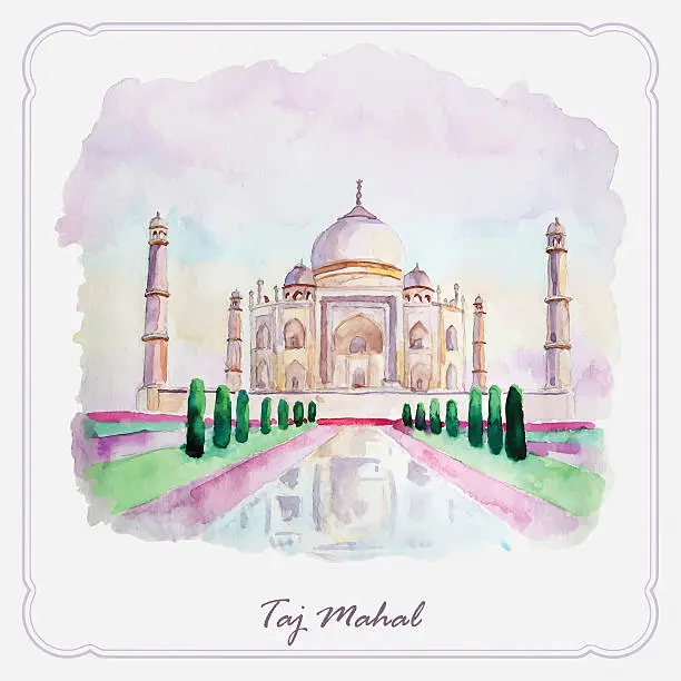 Vector illustration of Watercolor Taj Mahal picture. Greeting card