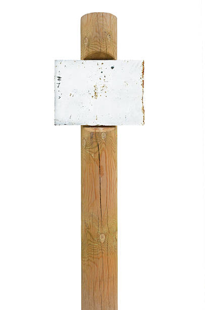 Rusty metal sign board signage, wooden signpost pole post vintage stock photo