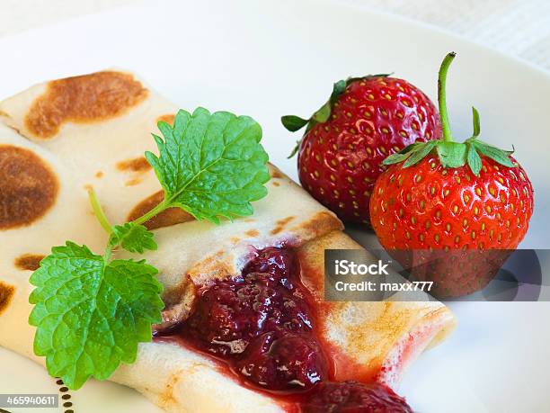 Rolled Pancakes With Strawberries Stock Photo - Download Image Now - Baked, Breakfast, Cake