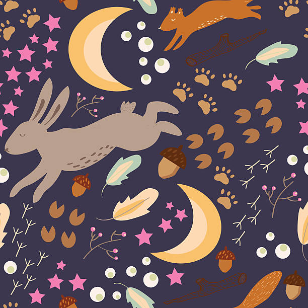 Night Forest Cute pattern with sleepy rabbit and squirell, moon and stars, feathers and paths. background of the crazy squirrel stock illustrations