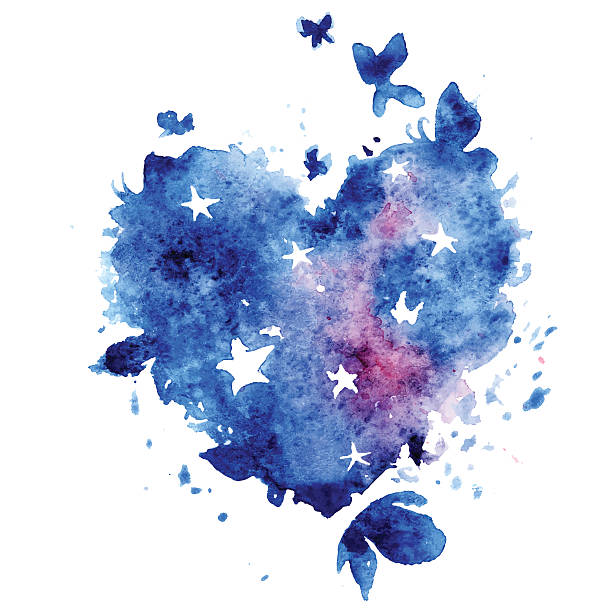 Watercolor vector illustration - heart with stars and butterflies Watercolor hand drawn vector illustration - cosmos heart with stars and butterflies watercolor heart stock illustrations