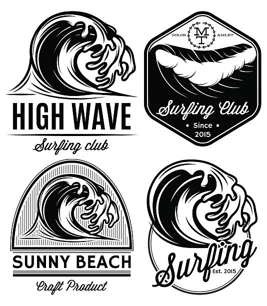 set 패턴을 로고 on 테마 저수시설, 서핑, 오션, 바다빛 - 서핑 수상 스포츠 stock illustrations