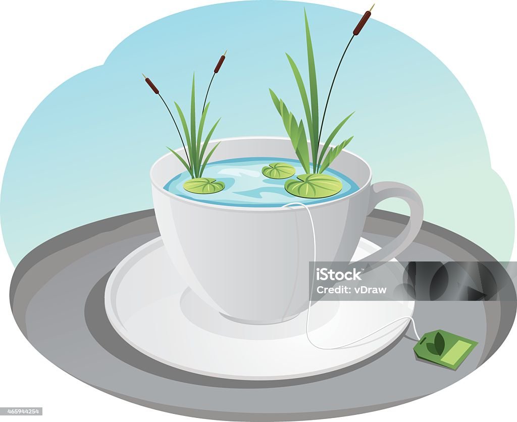 Lake inside a cup Lake with reeds and leaves of lily inside a cup River stock vector