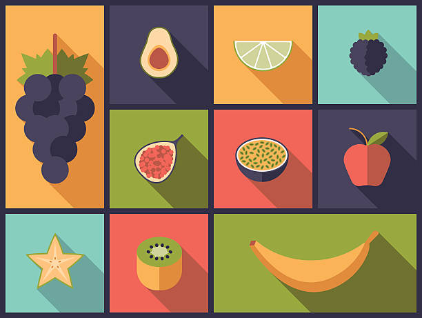 ilustrações de stock, clip art, desenhos animados e ícones de ilustração vetorial de ícones planas de fruta - fig apple portion fruit