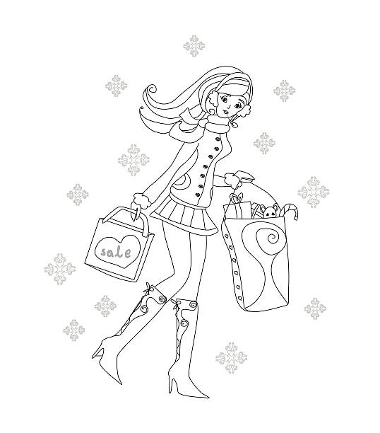 beautiful woman doing the shopping in winter vector art illustration