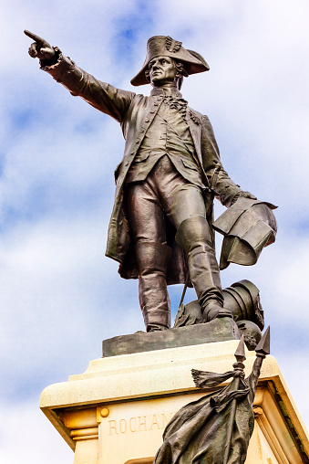 General Rochambeau Statue Lafayette Park Autumn Washington DC. In American Revolution General Rochambeau was the head of the French Army, who worked with Washington in the American Revolution.  Statue was dedicated in 1902 as a reaffirmation of French American relations.  Artist Sculptor Fernand Hamar