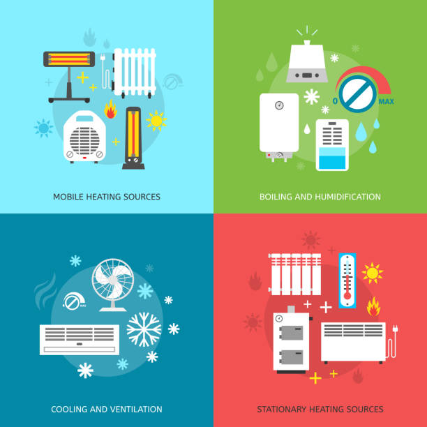 Heatingand conditioning icons set. Heating ventilation and conditioning flat icons set. electric heater stock illustrations