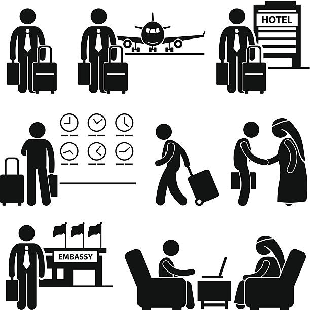 Business Trip Businessman Travel A set of human pictogram representing a businessman travel to foreign country for business meeting. business travel stock illustrations