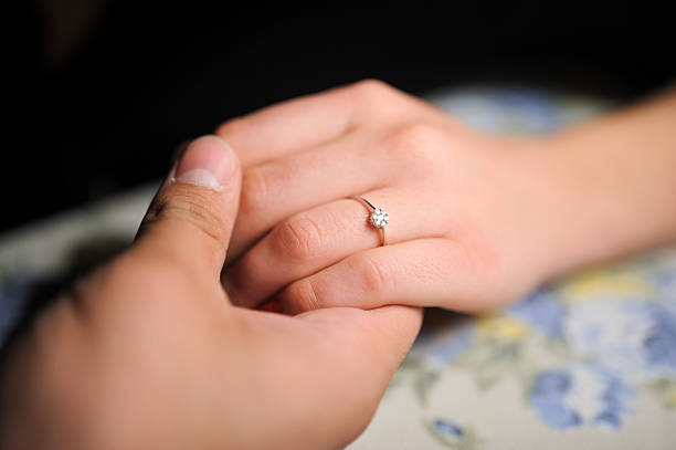 istock just engaged couple holding hands at restaurant 465951700