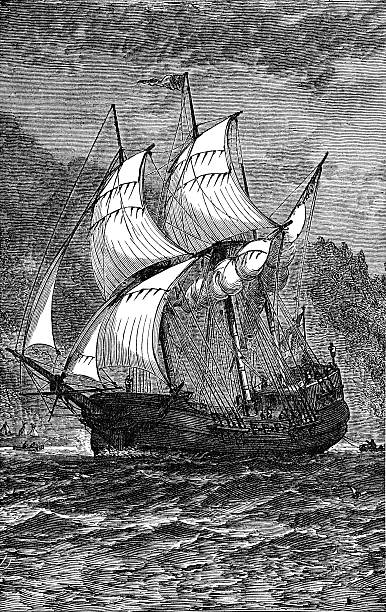 ilustraciones, imágenes clip art, dibujos animados e iconos de stock de henry hudson en horth al río - etching sailing ship passenger ship sea