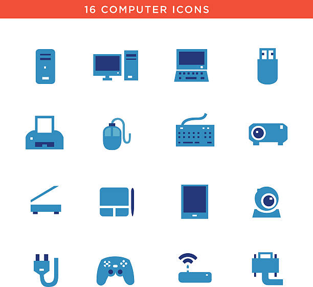 ilustrações, clipart, desenhos animados e ícones de dispositivo de ícones computadores azul - image date audio