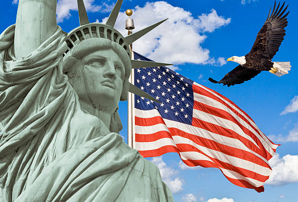 istock American Flag, flying bald Eagle and statue of liberty 465955880