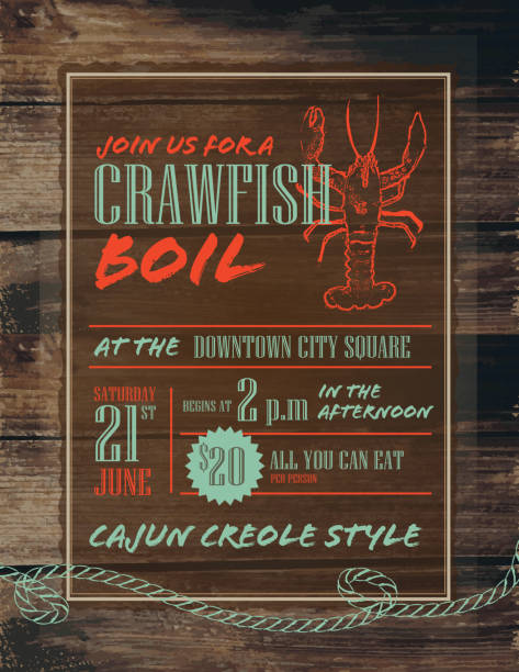 Crawfish Boil invitation design template red and turquoise Vector illustration of a Crawfish boil invitation design template. Features rustic rope, very rough crawfish outline, sample layout text and wooden background. Perfect for your party invitation or poster sign. Easy layers for customization. See my portfolio for similar files and color options. cajun stock illustrations