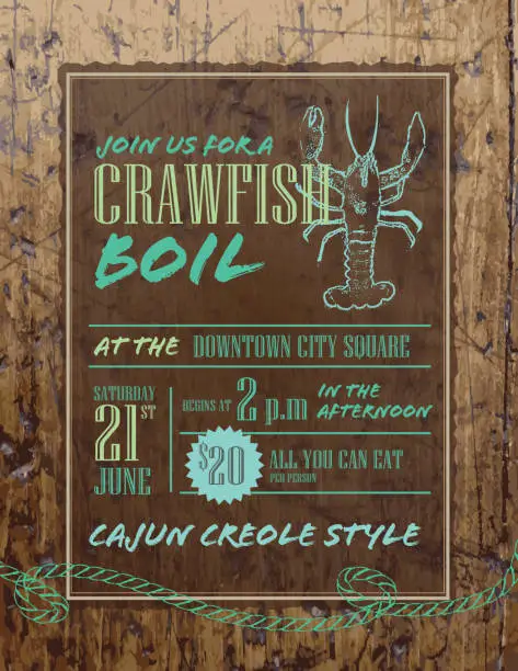 Vector illustration of Crawfish Boil invitation design template on rustic wood
