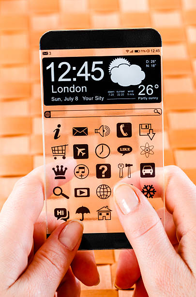 istock Smartphone with transparent screen in human hands. 465956909