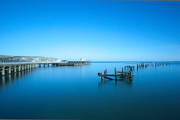 Swanage Piers Old and New stock photo