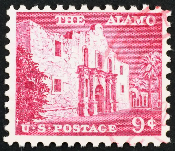 Photo of Alamo mission celebrated on a vintage american stamp