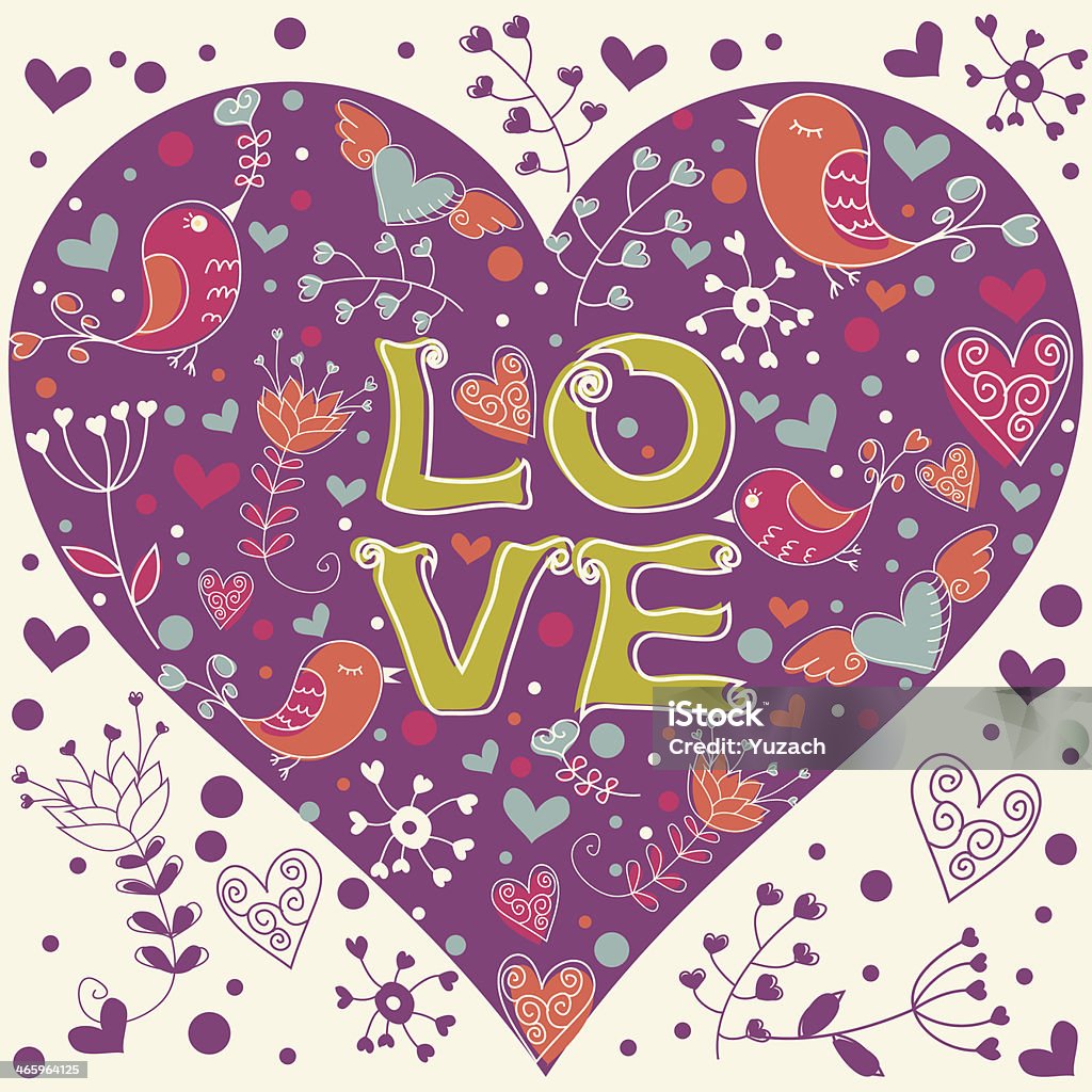 Lovely Valentine's day invitation postcard Lovely colorful invitation postcard with big heart, birds and flowers background Abstract stock vector