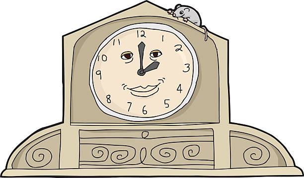 Mouse on Smiling Clock Cartoon mouse on top of smiling mantle clock nursery rhyme clip art stock illustrations