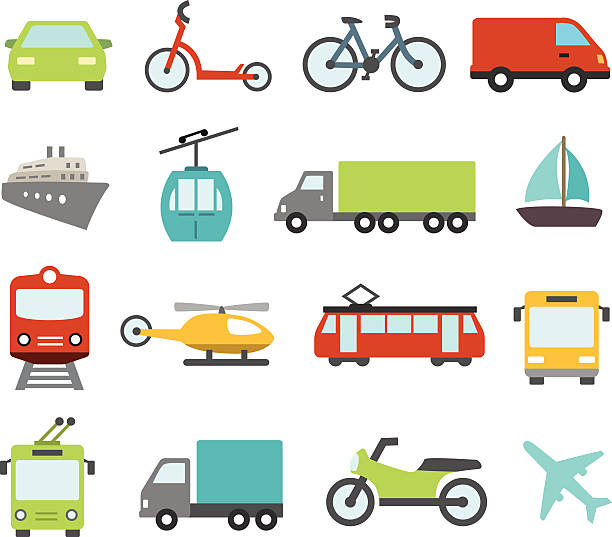 ilustrações de stock, clip art, desenhos animados e ícones de ícones de transporte em estilo flat design - train people cable car transportation