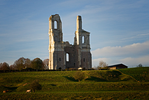 Arras, France - November 11, 2014: The ruined towers of Mont-Saint-Eloi abbey, overlooking Arras. In 1915, the towers were used by French troops to observe German positions on Lorette Spur and Vimy Ridge and were heavily damaged by ensuing shell fire. 