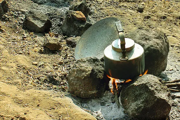 Typical style Indian tea pod at a camping site that is widely used in all small and medium sized hotels for tea preaparation.