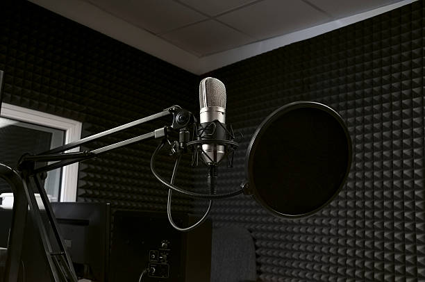 Close-up of a microphone in the empty radio studio stock photo