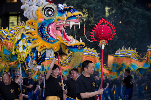 San Francisco, California, USA - March 7, 2015: The Dragon Dance float making it's way through the streets of San Francisco during the annual Chinese New Year Parade.