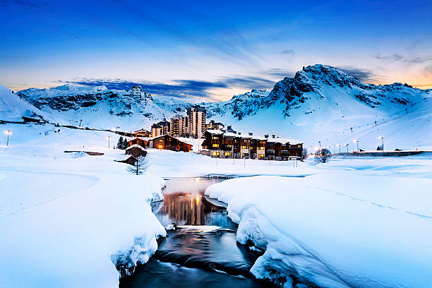 tignes, альпы, франция - winter sunset stream snow стоковые фото и изображения