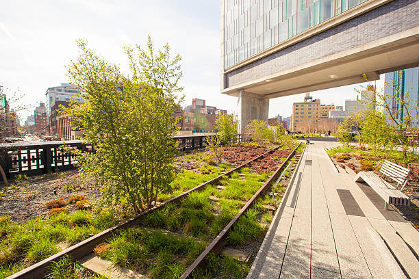 frühlingstag auf der new yorker high line - high line park stock-fotos und bilder