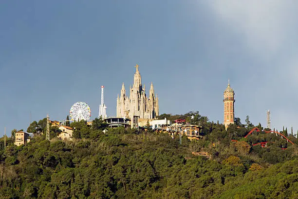 Mount Tibidabo with the church Sagrat Cor in Barcelona